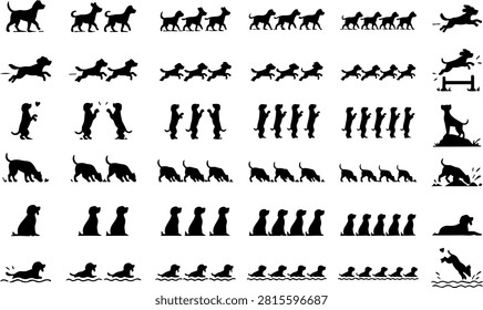 Set of 24 flat dog movement silhouette icons featuring one to five dogs in dynamic action poses. The collection includes walking, running, jumping, sitting, standing, digging, swimming, barking, playing, sniffing, and group movement silhouettes. Clean black canine icons isolated on a white background, ideal for pet businesses, veterinary clinics, animal shelters, dog training, info-graphics, websites, mobile apps, signage, educational materials, and branding projects.