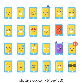 Set of 24 flat emoticon phone with yellow faces. colored isolated emotions pack on the white background.high quality vector cartoonish emoji