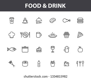 Set of 24 Food and Drink web icons in line style. Coffe, water, eat, restaurant, fastfood. Vector illustration