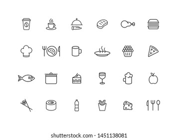 Set of 24 Food and Drink web icons in line style. Coffe, water, eat, restaurant, fastfood. Vector illustration.