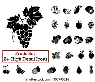 Set of 24 Fruits Icons in Black Color. Suitable For All Kind of Design (Web Page, Interface, Advertising, Polygraph and Other). Vector Illustration. 
