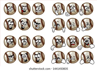set of 24 funny baseball Ball cartoon character Mascot with various face expression. Vector Illustration Isolated On White Background