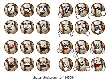 set of 24 funny baseball Ball cartoon character Mascot with various face expression. Vector Illustration Isolated On White Background