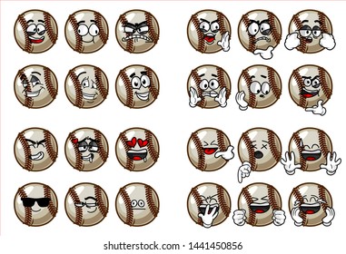 set of 24 funny baseball Ball cartoon character Mascot with various face expression. Vector Illustration Isolated On White Background
