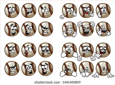 set of 24 funny baseball Ball cartoon character Mascot with various face expression. Vector Illustration Isolated On White Background