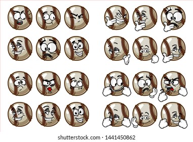 set of 24 funny baseball Ball cartoon character Mascot with various face expression. Vector Illustration Isolated On White Background