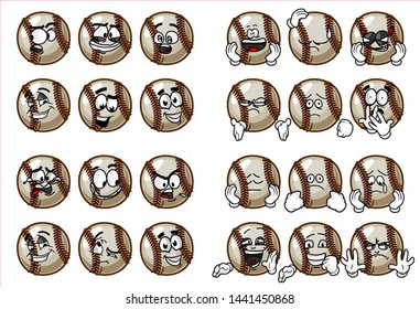 set of 24 funny baseball Ball cartoon character Mascot with various face expression. Vector Illustration Isolated On White Background