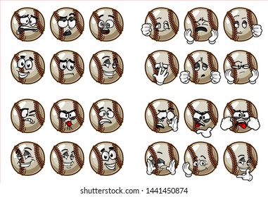 set of 24 funny baseball Ball cartoon character Mascot with various face expression. Vector Illustration Isolated On White Background