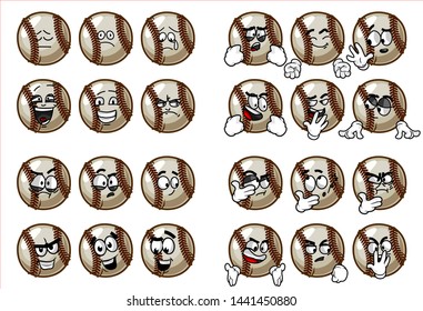 set of 24 funny baseball Ball cartoon character Mascot with various face expression. Vector Illustration Isolated On White Background