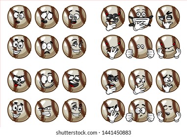 set of 24 funny baseball Ball cartoon character Mascot with various face expression. Vector Illustration Isolated On White Background