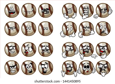 set of 24 funny baseball Ball cartoon character Mascot with various face expression. Vector Illustration Isolated On White Background