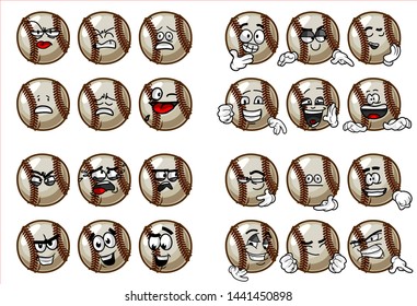 set of 24 funny baseball Ball cartoon character Mascot with various face expression. Vector Illustration Isolated On White Background