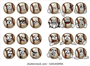 set of 24 funny baseball Ball cartoon character Mascot with various face expression. Vector Illustration Isolated On White Background