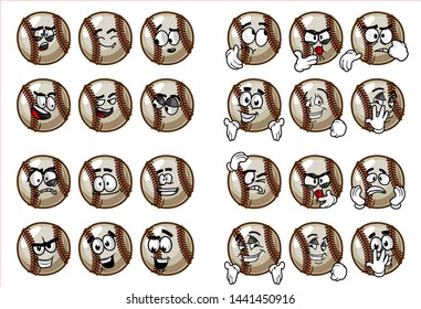 set of 24 funny baseball Ball cartoon character Mascot with various face expression. Vector Illustration Isolated On White Background