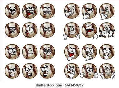 set of 24 funny baseball Ball cartoon character Mascot with various face expression. Vector Illustration Isolated On White Background