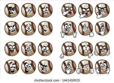 set of 24 funny baseball Ball cartoon character Mascot with various face expression. Vector Illustration Isolated On White Background