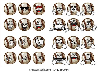set of 24 funny baseball Ball cartoon character Mascot with various face expression. Vector Illustration Isolated On White Background
