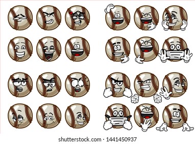set of 24 funny baseball Ball cartoon character Mascot with various face expression. Vector Illustration Isolated On White Background