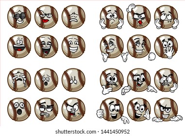 set of 24 funny baseball Ball cartoon character Mascot with various face expression. Vector Illustration Isolated On White Background