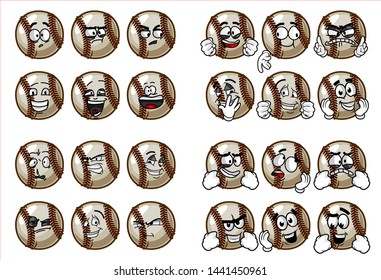 set of 24 funny baseball Ball cartoon character Mascot with various face expression. Vector Illustration Isolated On White Background