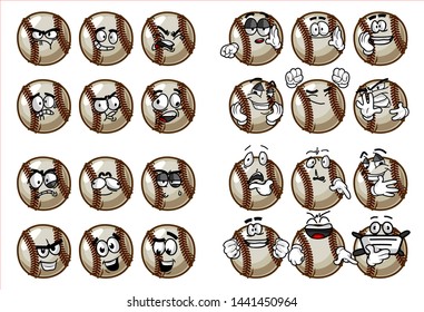 set of 24 funny baseball Ball cartoon character Mascot with various face expression. Vector Illustration Isolated On White Background