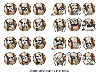 set of 24 funny baseball Ball cartoon character Mascot with various face expression. Vector Illustration Isolated On White Background