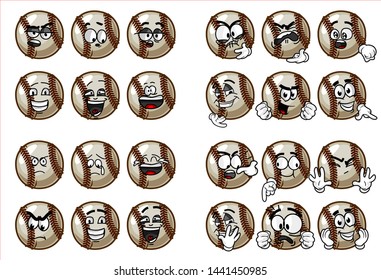 set of 24 funny baseball Ball cartoon character Mascot with various face expression. Vector Illustration Isolated On White Background