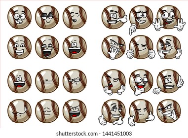 set of 24 funny baseball Ball cartoon character Mascot with various face expression. Vector Illustration Isolated On White Background