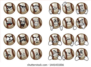 set of 24 funny baseball Ball cartoon character Mascot with various face expression. Vector Illustration Isolated On White Background
