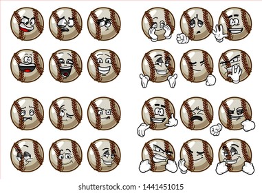 set of 24 funny baseball Ball cartoon character Mascot with various face expression. Vector Illustration Isolated On White Background