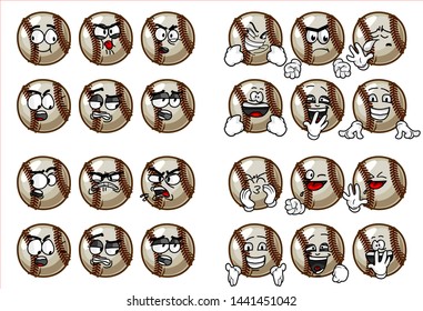 set of 24 funny baseball Ball cartoon character Mascot with various face expression. Vector Illustration Isolated On White Background