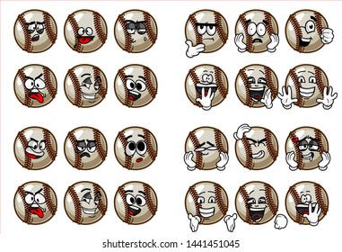 set of 24 funny baseball Ball cartoon character Mascot with various face expression. Vector Illustration Isolated On White Background