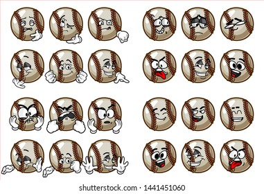 set of 24 funny baseball Ball cartoon character Mascot with various face expression. Vector Illustration Isolated On White Background