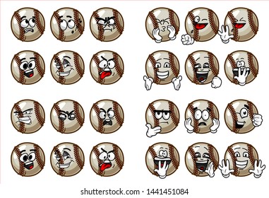 set of 24 funny baseball Ball cartoon character Mascot with various face expression. Vector Illustration Isolated On White Background