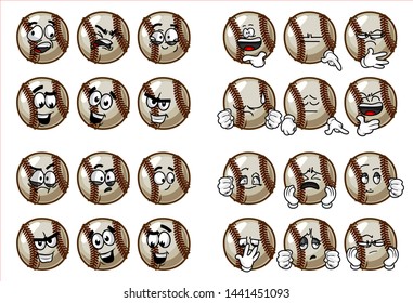 set of 24 funny baseball Ball cartoon character Mascot with various face expression. Vector Illustration Isolated On White Background