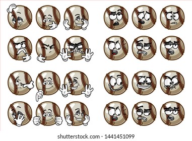 set of 24 funny baseball Ball cartoon character Mascot with various face expression. Vector Illustration Isolated On White Background