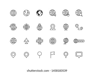 Set of 24 Globe and earth planet web icons in line style. Navigational Equipment, Planet Earth, Airplane, Map. Vector illustration.