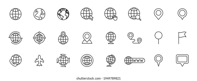 Set of 24 Globe and earth planet web icons in line style. Navigational Equipment, Planet Earth, Airplane, Map. Vector illustration.