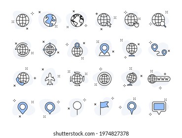 Set of 24 Globe and earth planet web icons in line style. Navigational Equipment, Planet Earth, Airplane, Map. Vector illustration.