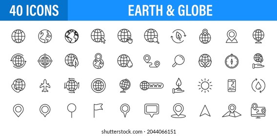 Conjunto de 24 íconos web del planeta Tierra y Globo en estilo de línea. Equipo de navegación, Planeta Tierra, Avión, Mapa. Ilustración vectorial.