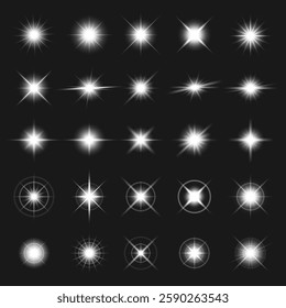 Set of 24 glowing starburst effects on a dark background. Starburst designs vary in shape and intensity. Perfect for adding a sparkling touch to designs. Overlay effect vector element set.