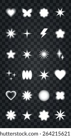 Set of 24 glowing white light effects on a transparent background. Includes stars, hearts, and flowers. Perfect for design projects needing light effects. Cute glowing element set vector.