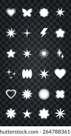 Set of 24 glowing white light effects on a transparent background. Includes stars, hearts, and flowers. Perfect for design projects needing light effects. Cute glowing element set vector.