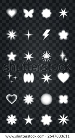 Set of 24 glowing white light effects on a transparent background. Includes stars, hearts, and flowers. Perfect for design projects needing light effects. Cute glowing element set vector.