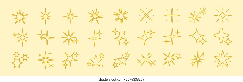 Set of 24 golden starburst icons on a yellow background. Starburst designs vary in shape and size. Perfect for adding sparkle to any project. Isolated illustration elements, vector set.