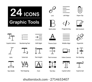 Eine Reihe von 24 grafischen Tools Symbole als Link, linke Ausrichtung, Büroklammer, fett gedruckter Buchstabe