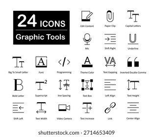 Un conjunto de 24 iconos de herramientas gráficas como editar contenido, Clip de papel, letra mayúscula