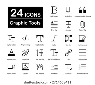 Un conjunto de 24 iconos de herramientas gráficas como letra en negrita, subrayado, doble coma invertida