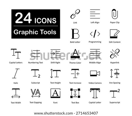 A set of 24 graphic tools icons as link, left align, paper clip, bold letter