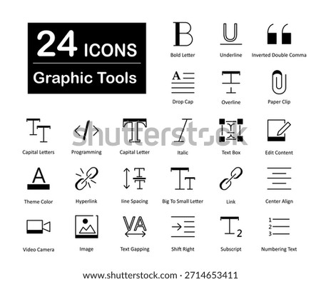 A set of 24 graphic tools icons as bold letter, underline, inverted double comma